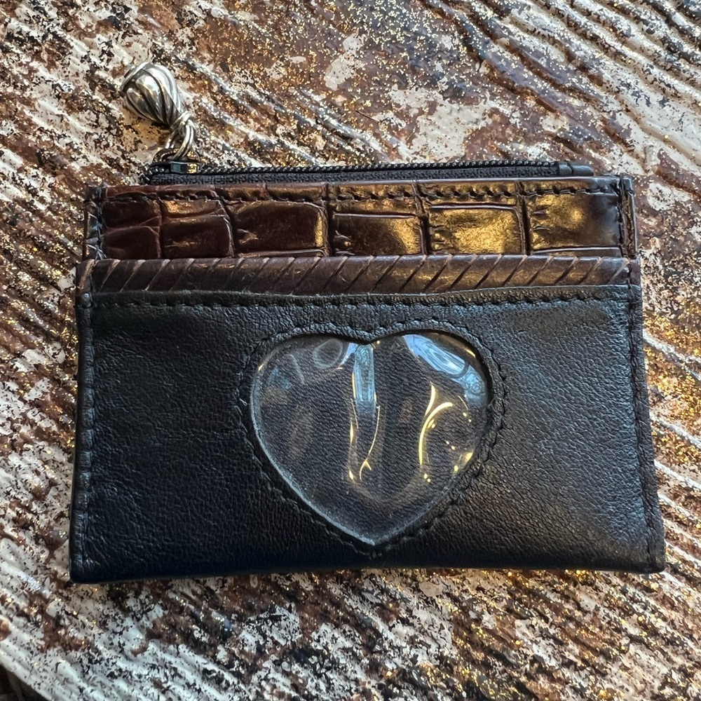 Brighton Black Leather Heart Coin Purse Card Holder ID Wallet Zip